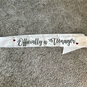 Officially a Teenager White Satin Birthday Sash with Silver Lettering 13th Party